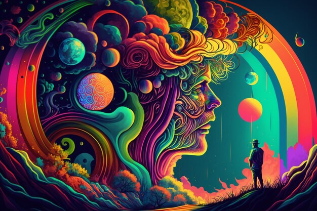 a man standing in front of colorful psychedelic generative ai