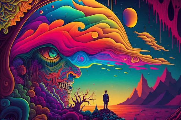 A man standing in front of colorful psychedelic generative ai