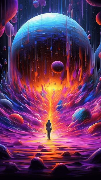 Photo a man standing in front of a colorful space filled with planets generative ai