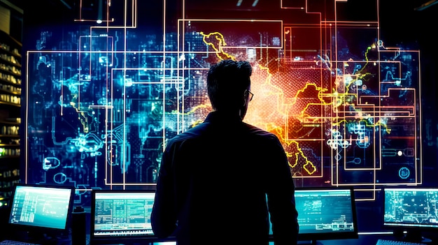 Man standing in front of computer screen with city in the background Generative AI