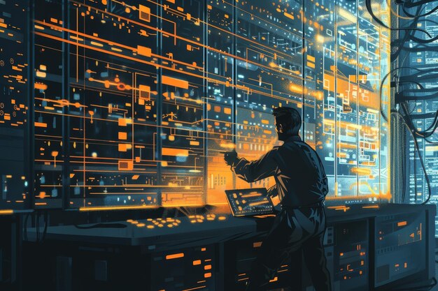 a man standing in front of a computer in a server room working or monitoring the network show a hacker attempting to breach a secure network while cybersecurity measures are deployed