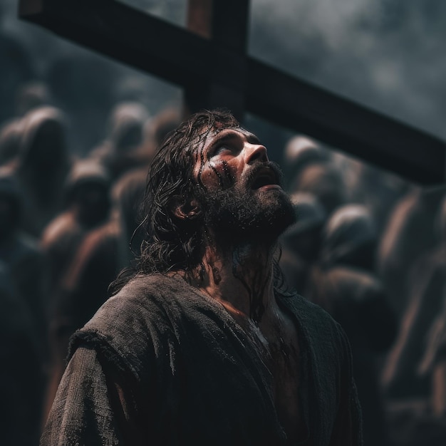 A man standing in front of a cross in a crowd of people