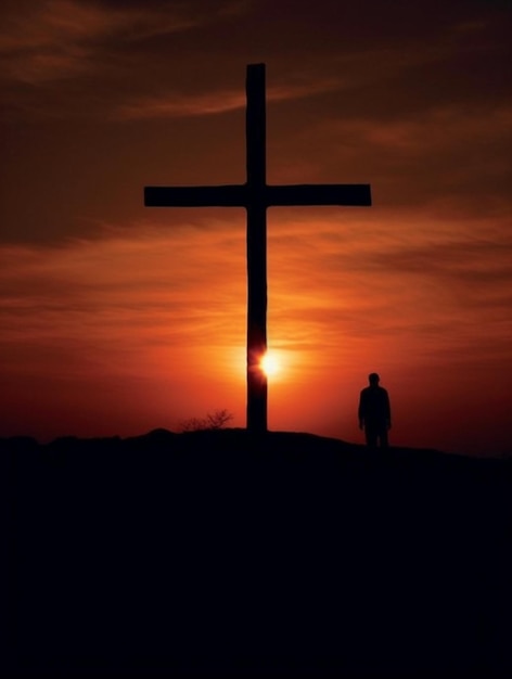 Человек, стоящий перед крестом при заходе солнца