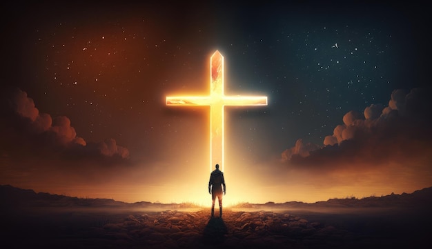 Man standing in front of a cross with the words jesus on it