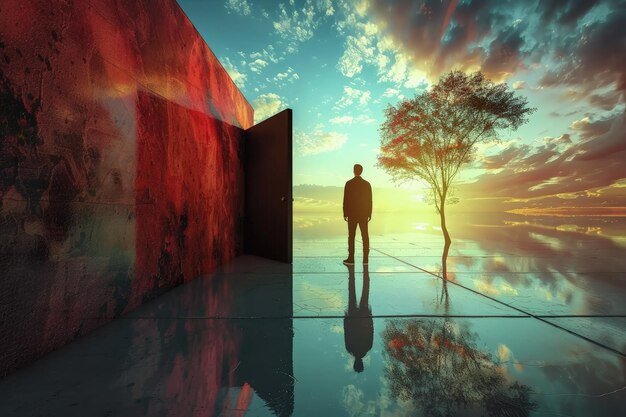 A man standing in front of a doorway with a tree