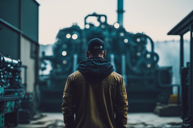 Man standing in front of factory with large machine in the back ground Generative AI