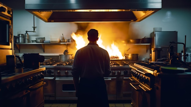 Man standing in front of fire in kitchen with stove Generative AI