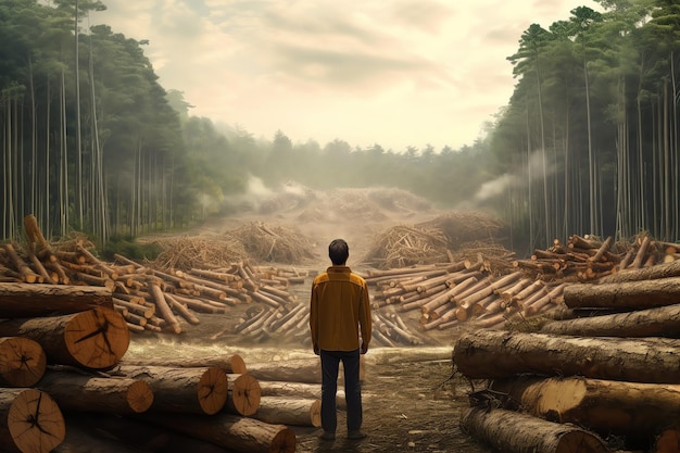 A man standing in front of a forest being cut down