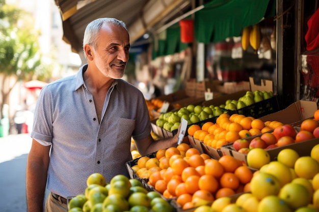 Man Standing in Front of Fruit Stand at Local Market