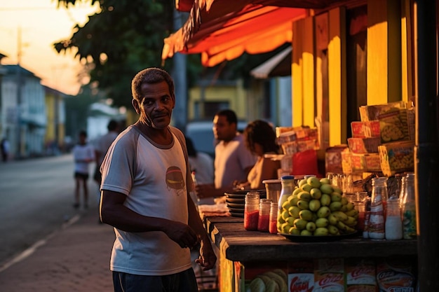 A man standing in front of a fruit stand with a sign that says " do not touch ".