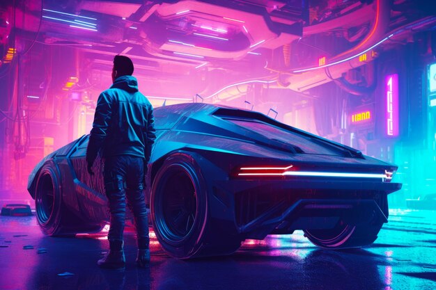 네온 색 방에서 미래형 자동차 앞에 서 있는 남자 Generative AI