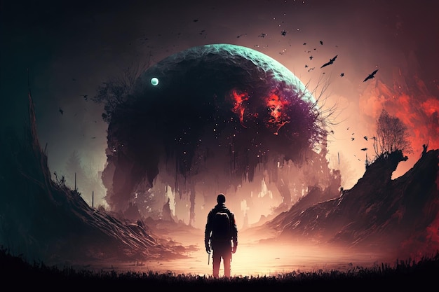 A man standing in front of a giant alien like structure generative AI