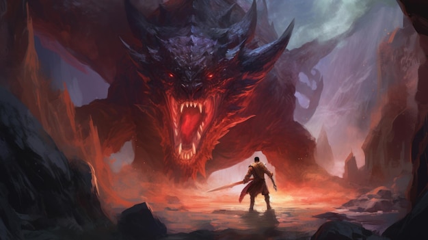 a man standing in front of a giant dragon fantasy art berserk blood fighting monster with magic