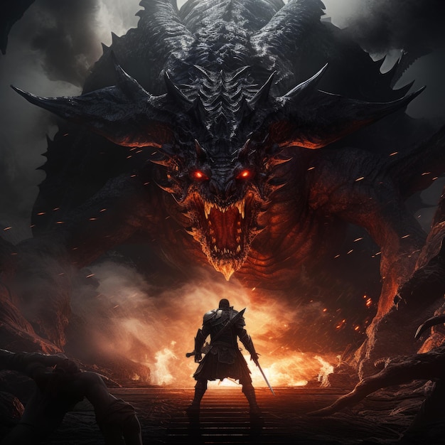 a man standing in front of a giant dragon