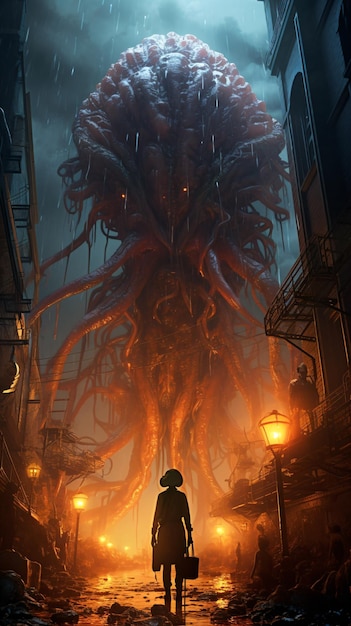 a man standing in front of a giant monster