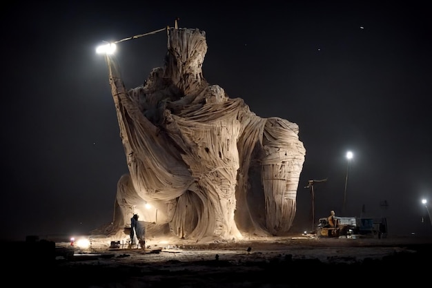 Foto uomo in piedi davanti a una gigantesca statua ai generativa