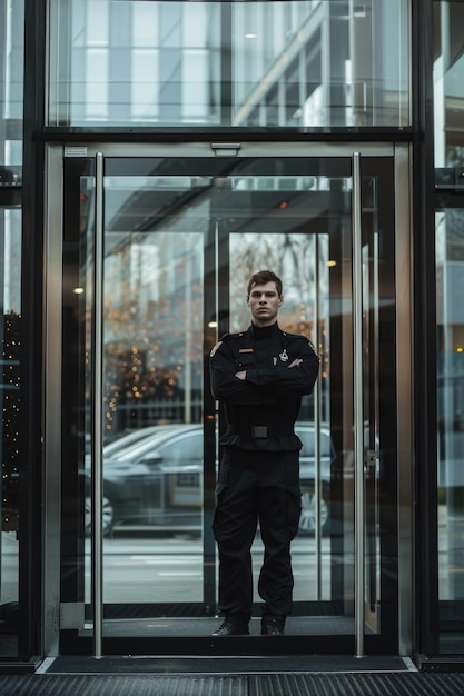 Photo a man standing in front of a glass door suitable for business or office concepts