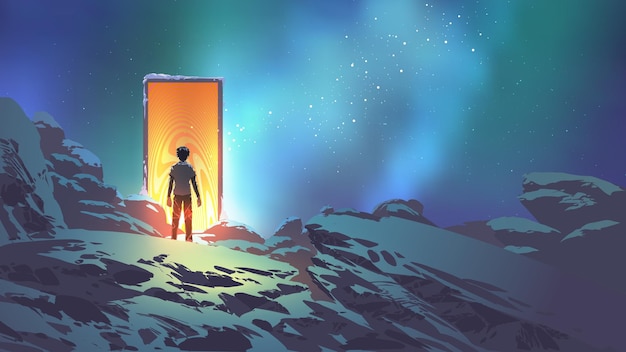 Photo man standing in front of the glowing door that lead to another realm illustration