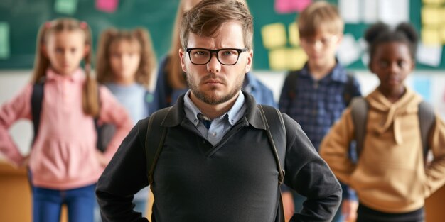 Photo man standing in front of group of children