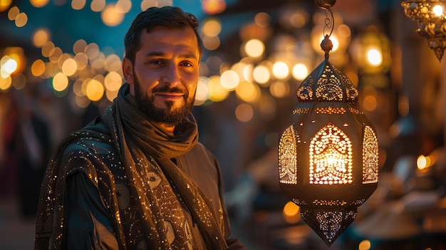 A man standing in front of a lantern