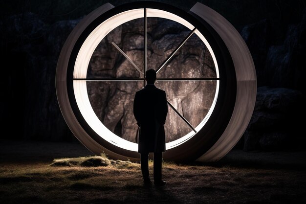 a man standing in front of a large circular wheel