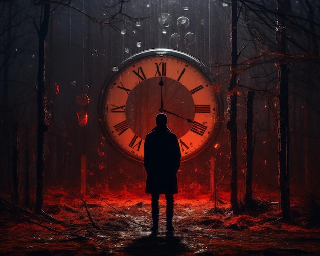 Photo a man standing in front of a large clock in the woods