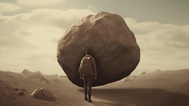 A man standing in front of a large rock