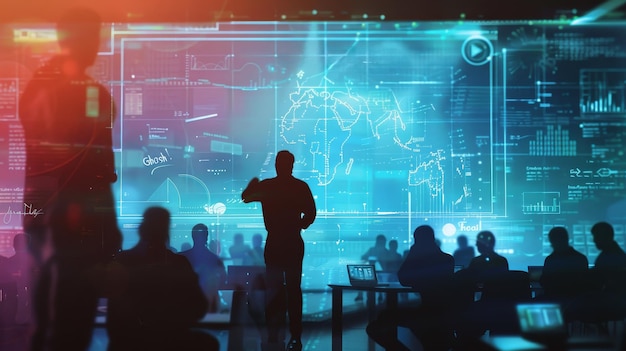 a man standing in front of a large screen with a map