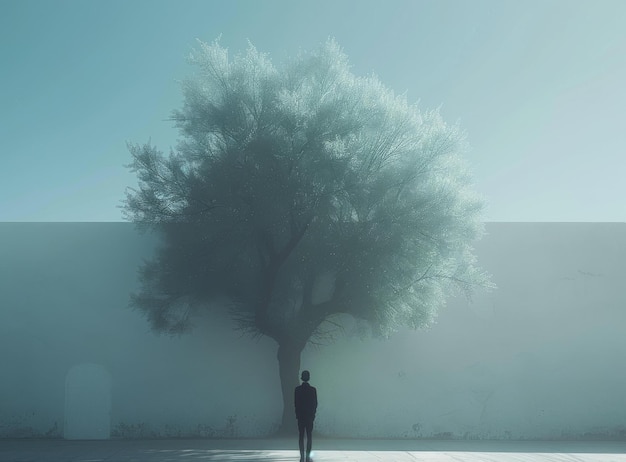 Photo man standing in front of a large tree