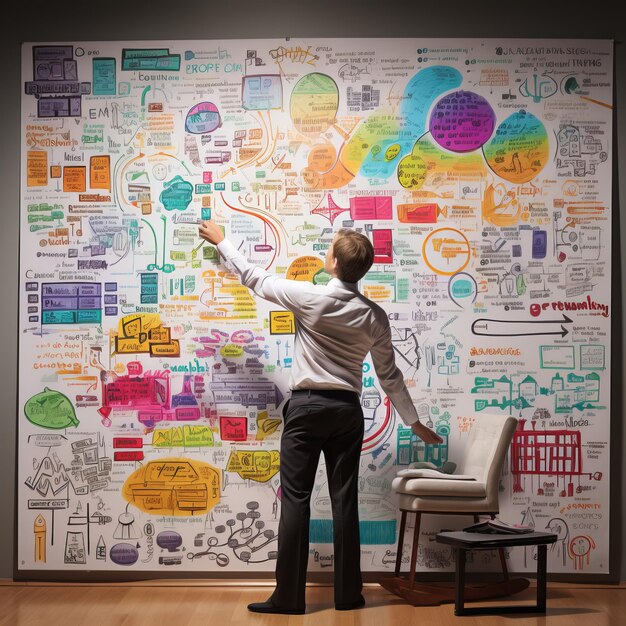 A man standing in front of a large white board covered in colorful sticky notes