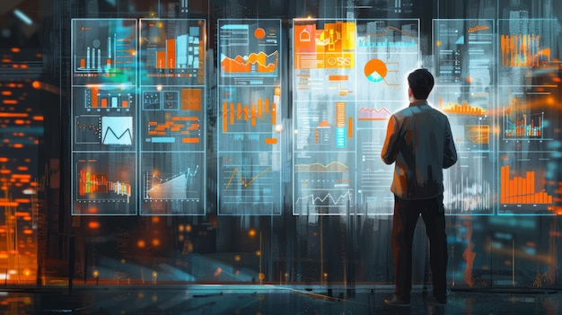 a man standing in front of a large window looking at a futuristic city with data and information