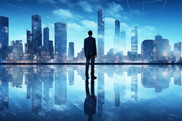 Man standing in front of a mesmerizing city skyline