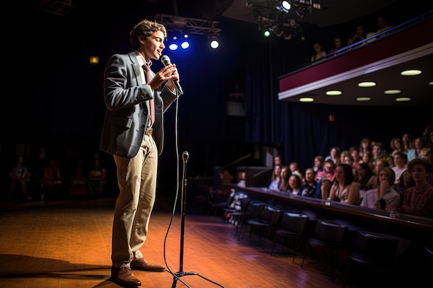 A man standing in front of a microphone in front of a crowd