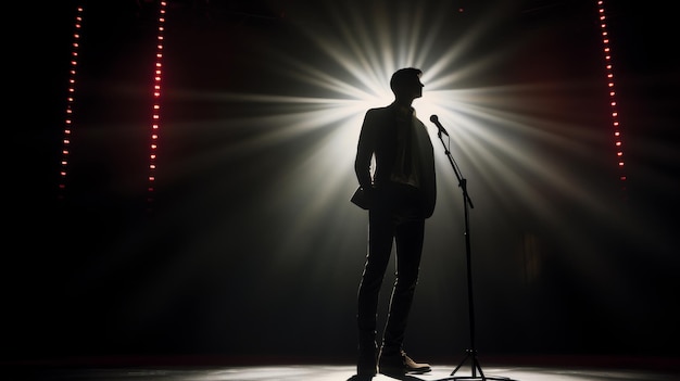 Man Standing in Front of Microphone on Stage