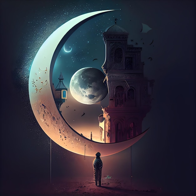 Man standing in front of mosque on crescent moon Ramadan Kareem background