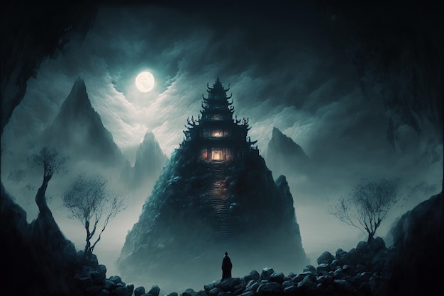 Man standing in front of mountain with full moon generative ai