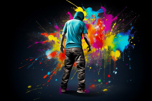 Man standing in front of multicolored explosion of paint on black background generative ai