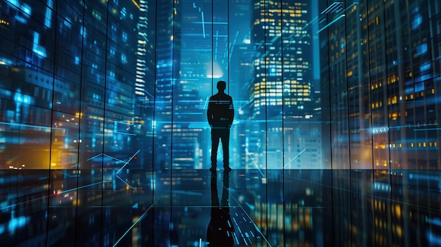 Man Standing in Front of Night Cityscape