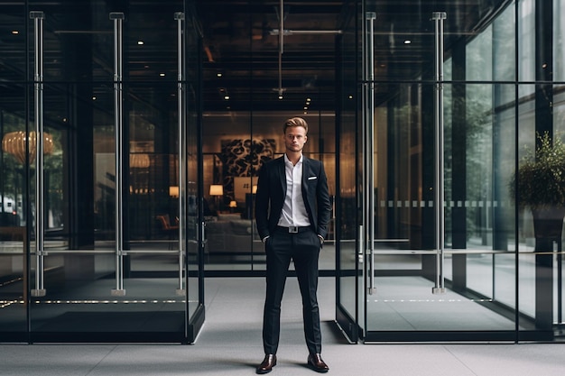 a man standing in front of the office