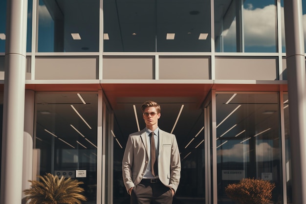 a man standing in front of the office