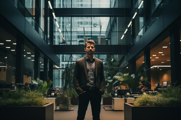 a man standing in front of the office