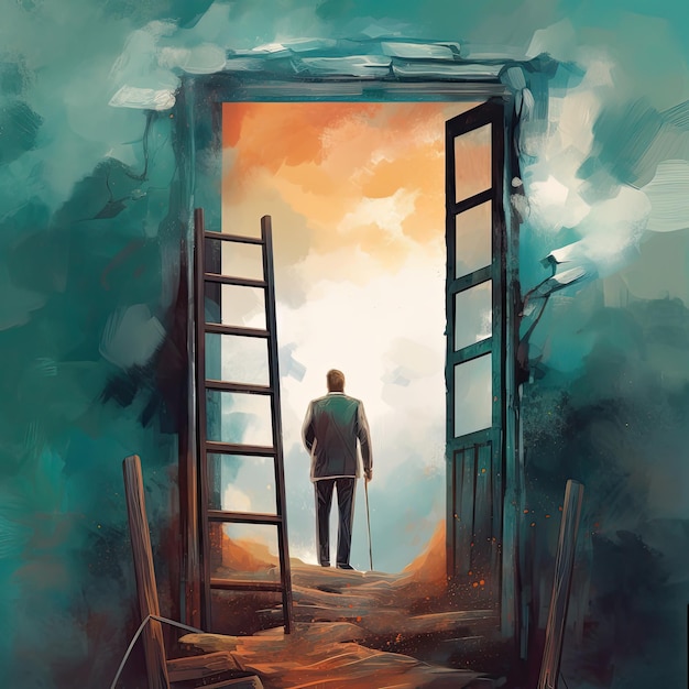 Man standing in front of open door with ladder to heaven