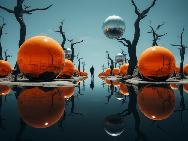 Photo a man standing in front of orange spheres with trees in the background