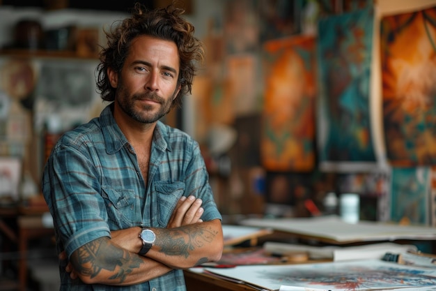 Photo man standing in front of paintings on table