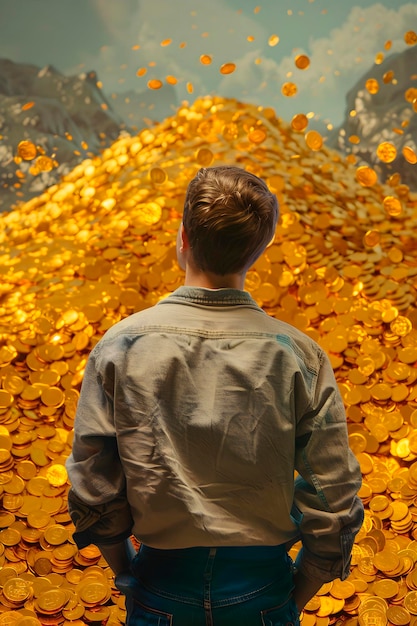 Photo man standing in front of pile of gold coins generative ai