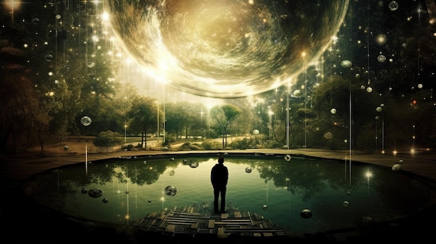 A man standing in front of a pond with a large planet in the background Generative AI Art