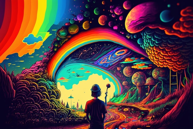 A man standing in front of rainbow colored psychedelic generative ai