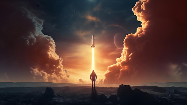 Photo man standing in front of rocket takes off in the sky