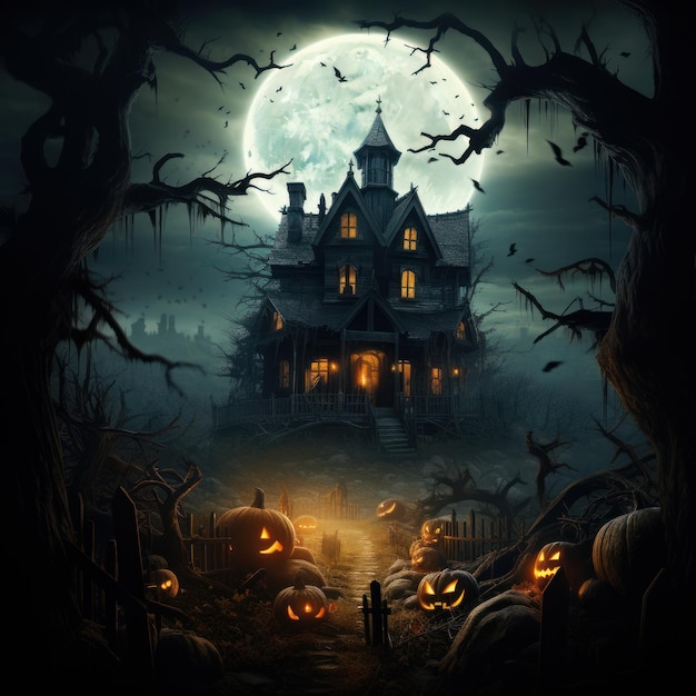 Man standing in front of scary castle halloween setting