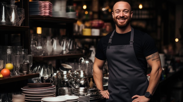 A man standing in front of a shelf full of dishes ai